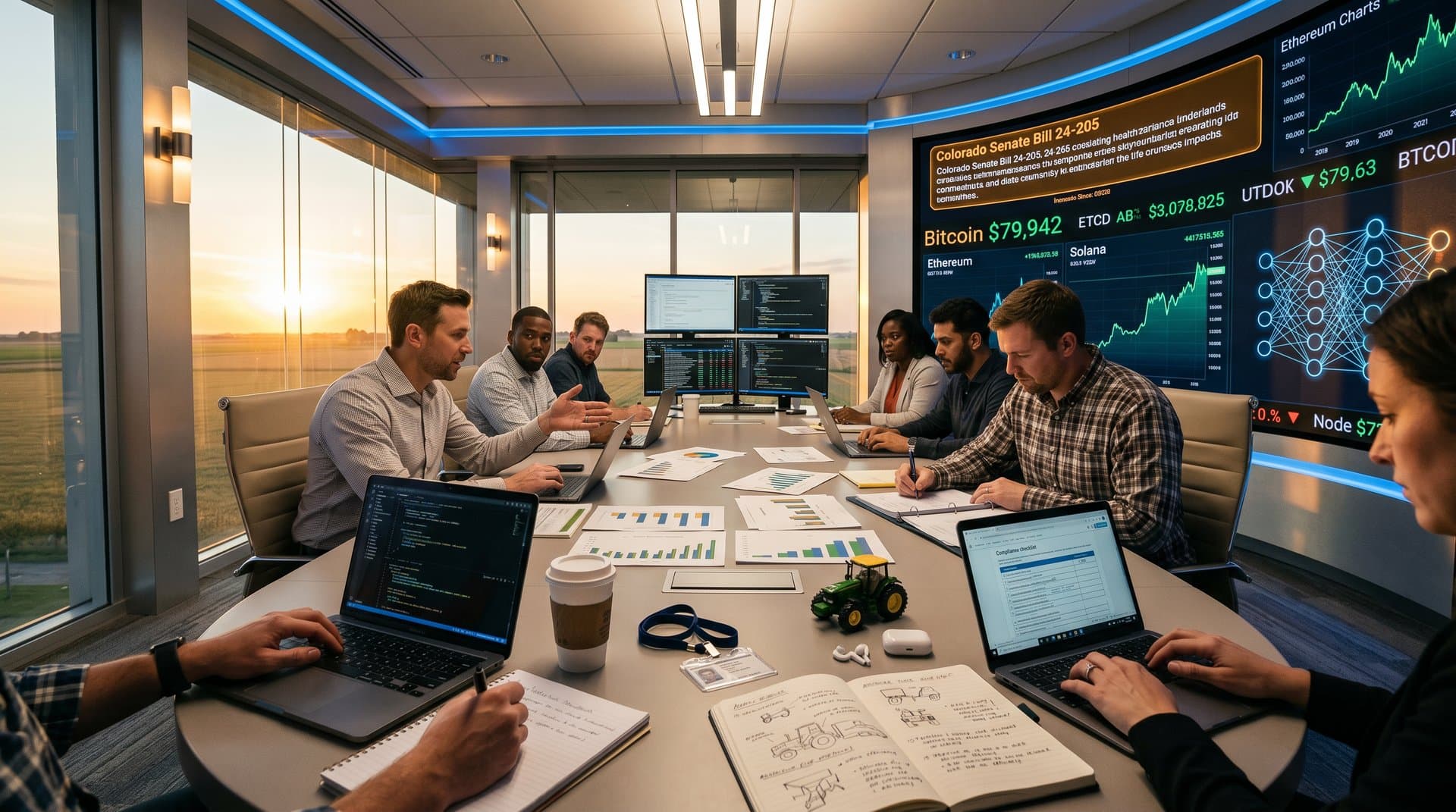 Chicago conference room overlooking farmlands, screens with Colorado AI policy, Bitcoin charts at $79K, AI diagrams
