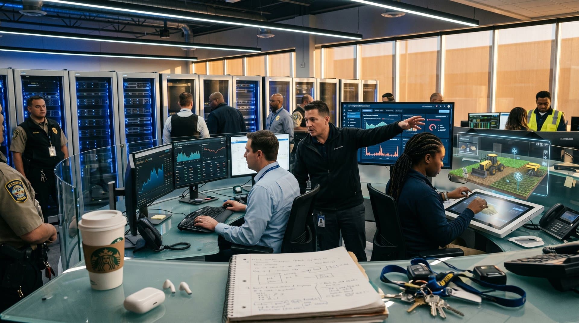 Data center with server racks and monitors showing AI compliance dashboards