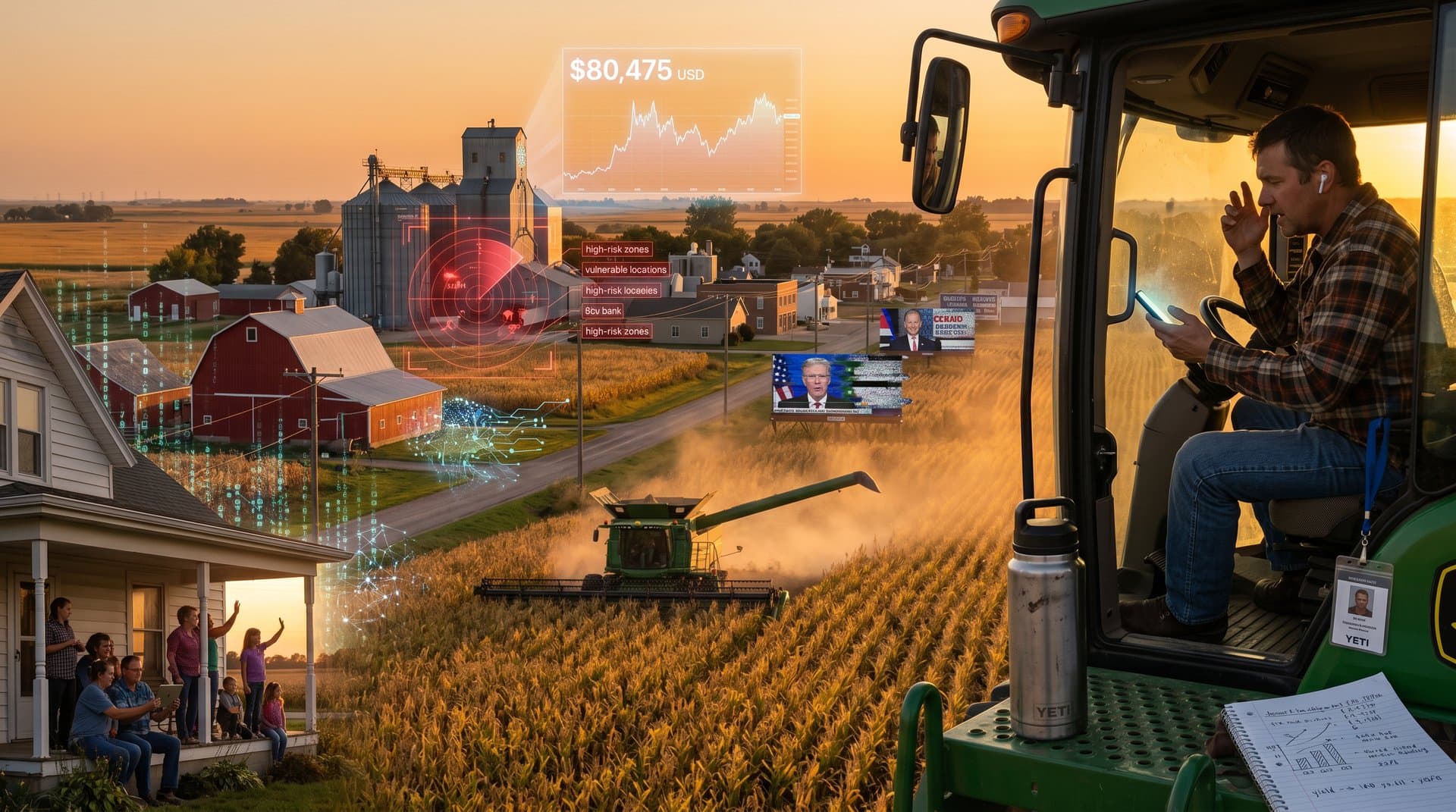 Midwest cornfields and town with AI threat digital overlays and Bitcoin chart on silo