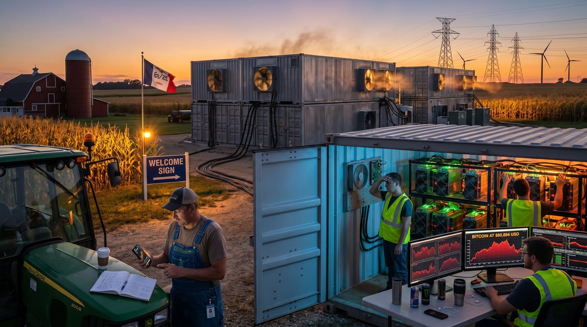 Crypto mining containers venting heat near Iowa cornfields and wind turbines under dusk sky