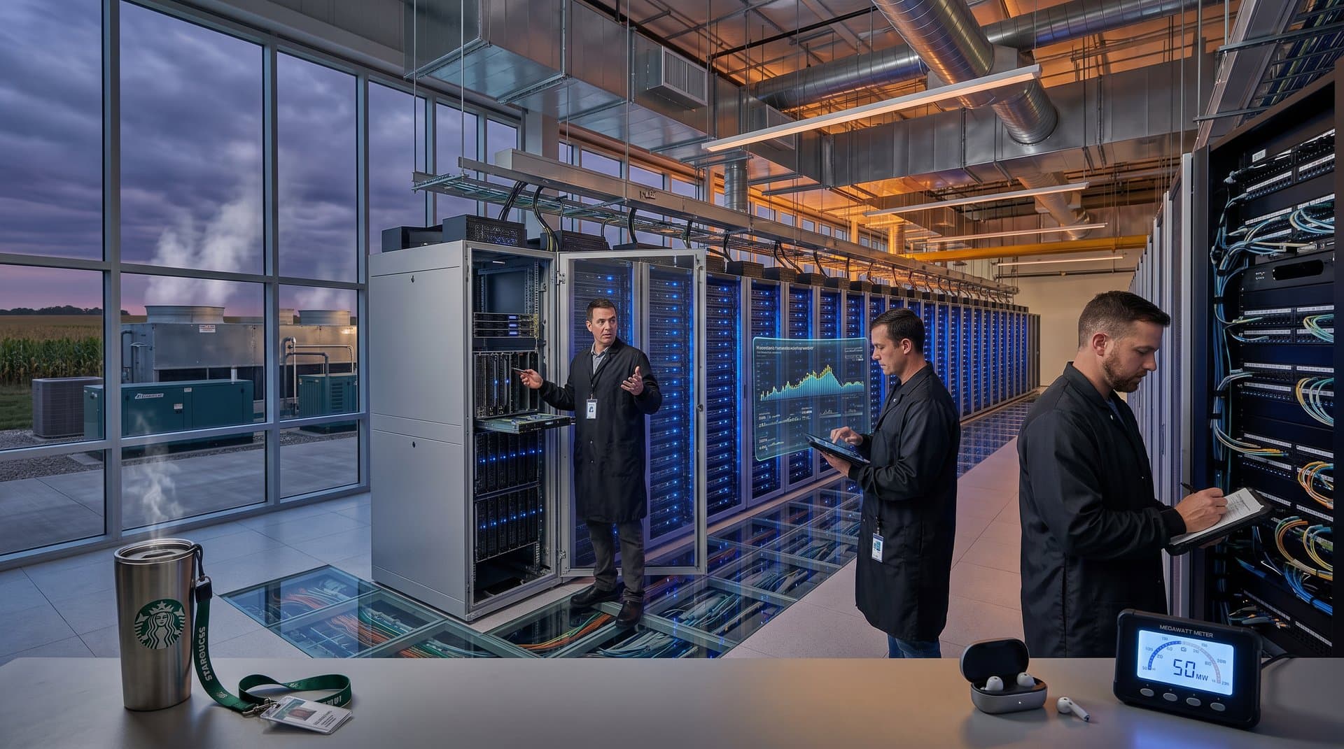 Modern Iowa data center with glowing server racks and power displays amid rural prairie at dusk