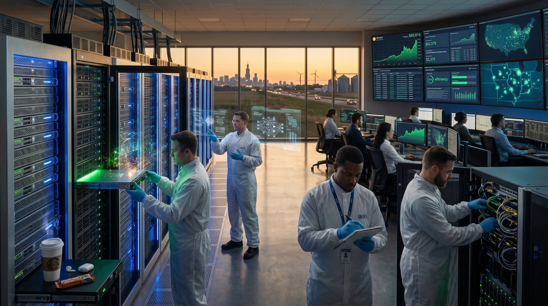 Technician in data center adjusts AI server amid glowing racks and crypto charts on screens