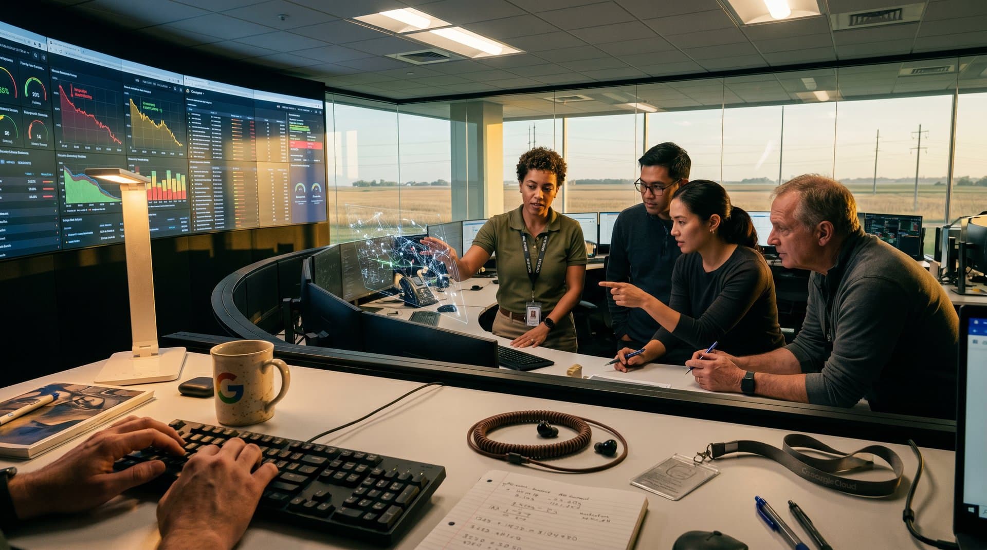 Engineers monitor AI agent governance dashboards on curved screens in Google Cloud data center control room amid server racks