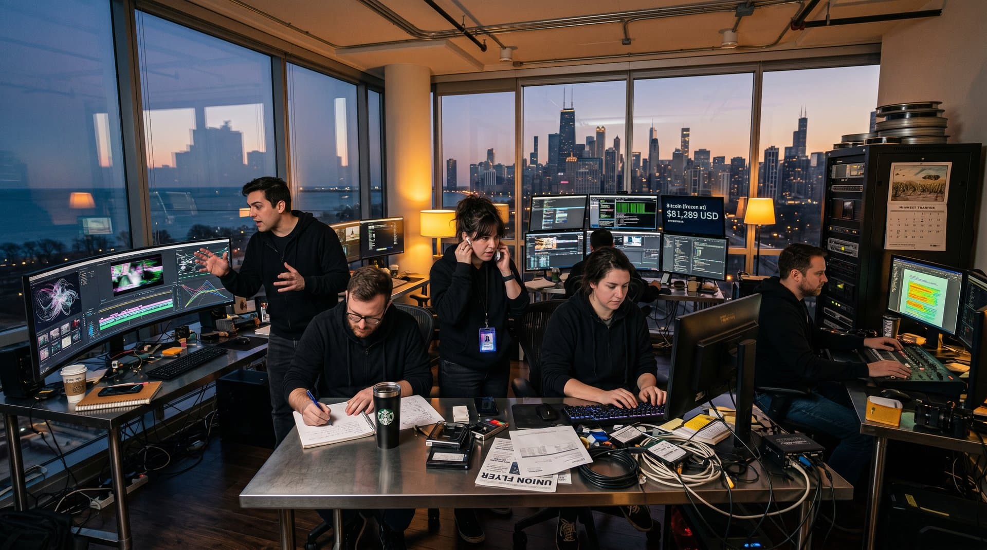 Chicago studio editing bay with AI screens showing storyboards, deepfakes, and crypto tickers amid production clutter