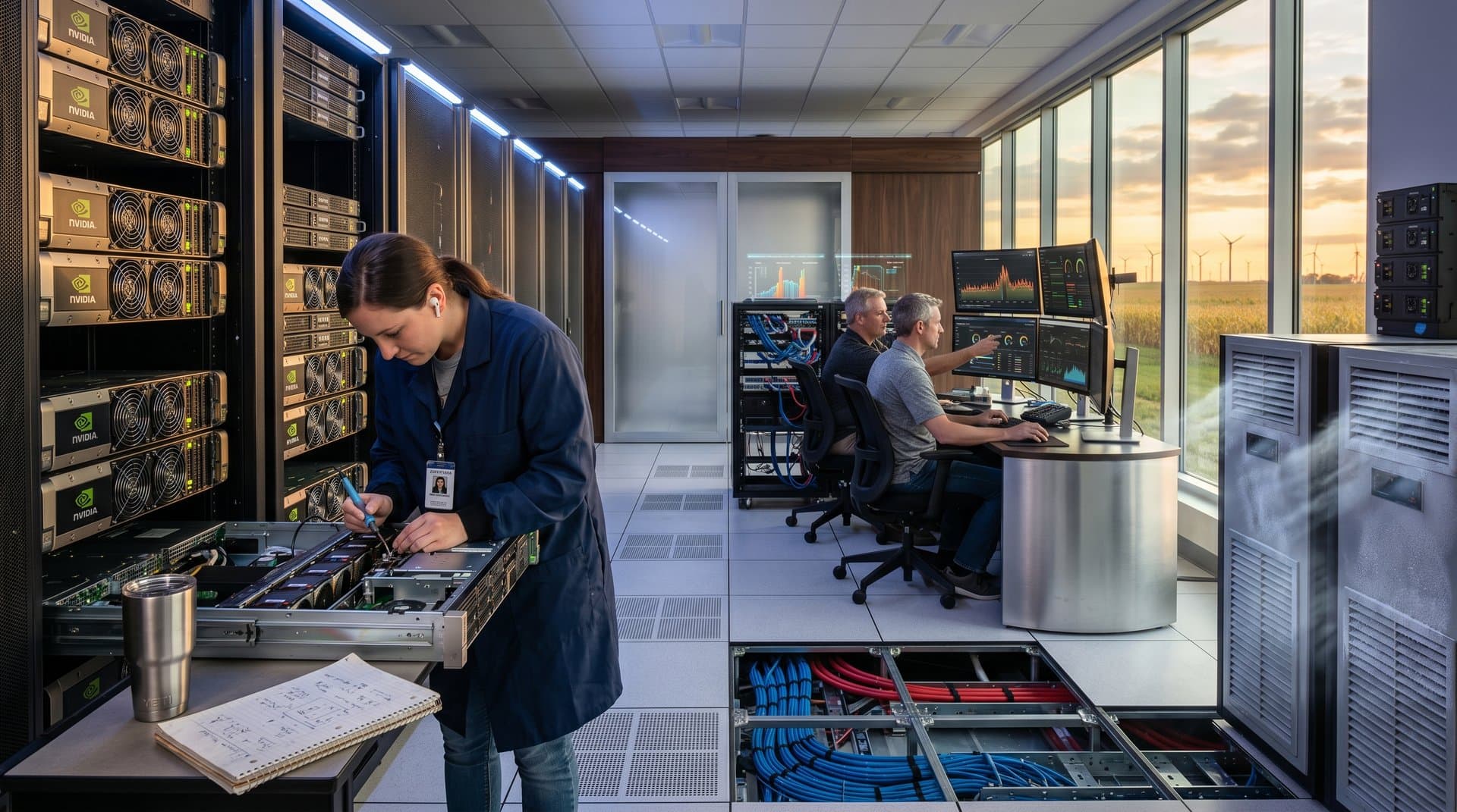 Data center racks with Nvidia GPUs and cooling systems in Iowa facility amid prairie sunset