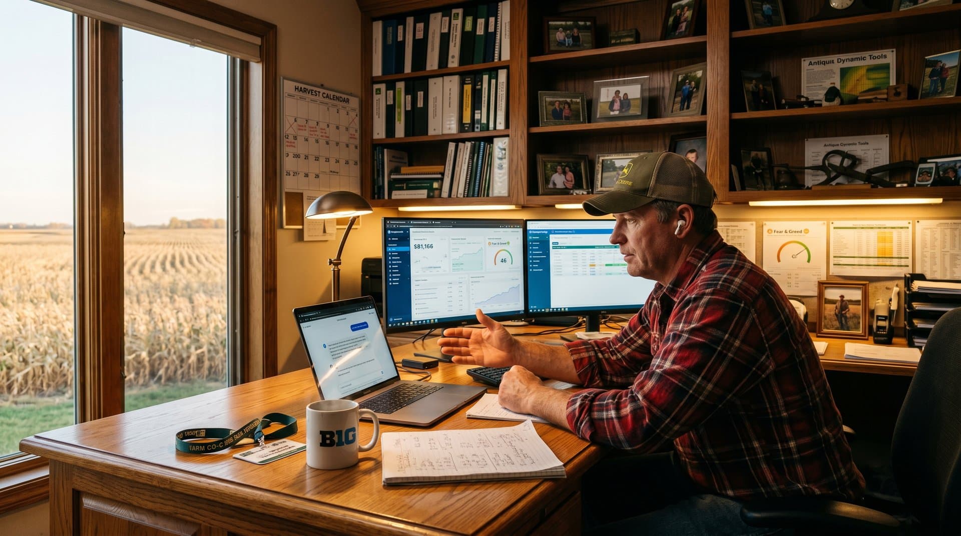 Midwest home office with monitors showing Coinbase crypto prices and AI tools amid cornfield view