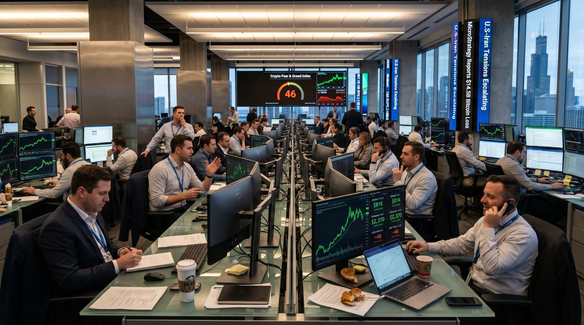 Chicago trading floor screens showing Bitcoin at $81K, Fear & Greed Index at 46, crypto prices amid market action
