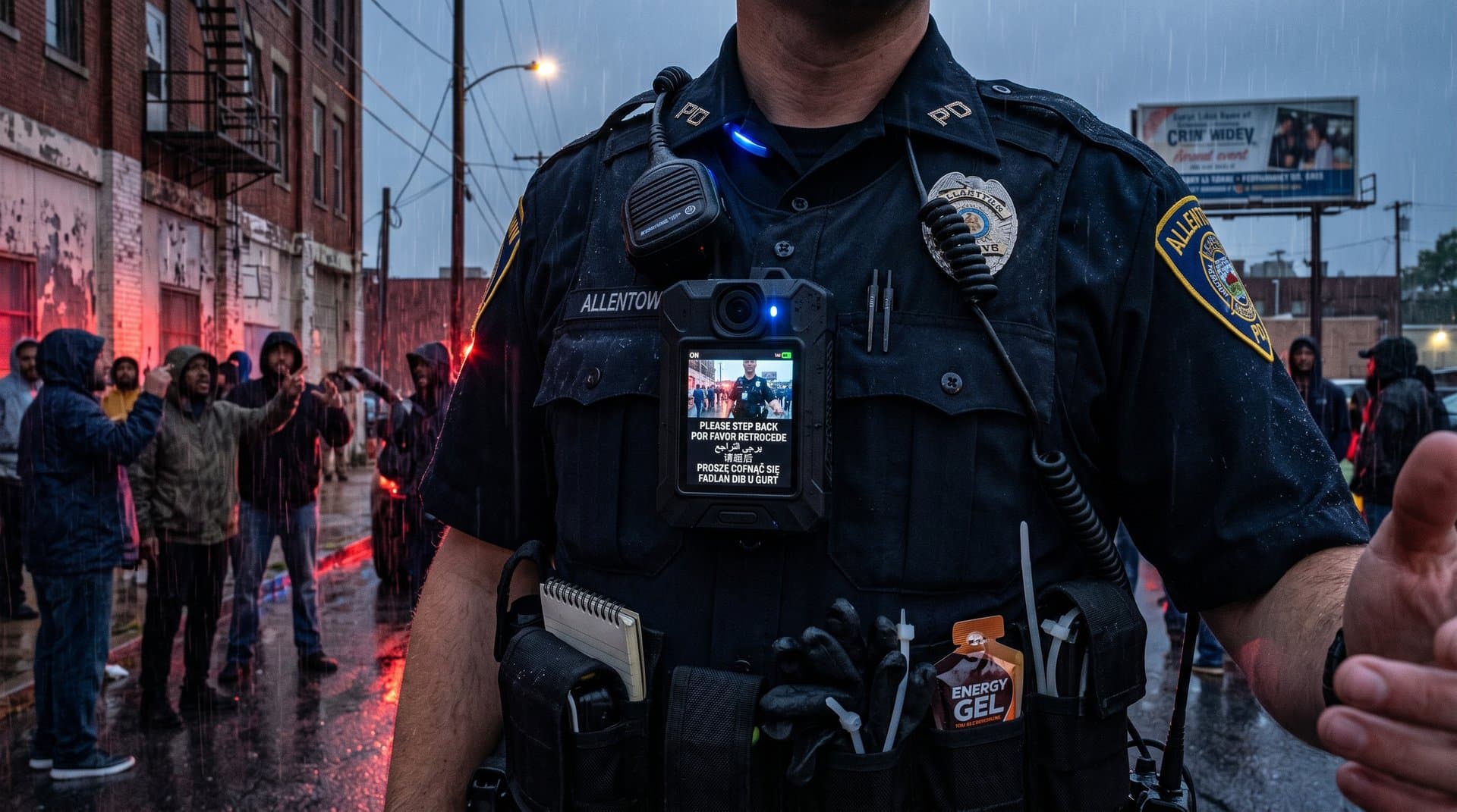 AI bodycam on police uniform displaying real-time language translations during patrol