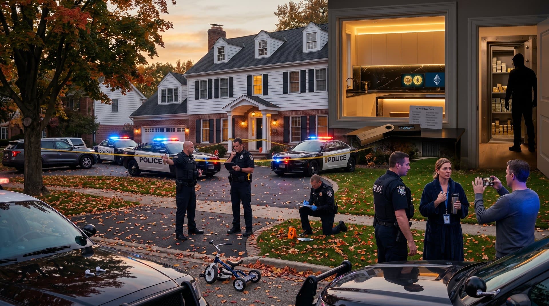 Police at Winnetka suburban home after crypto invasion, tape and wallet symbols