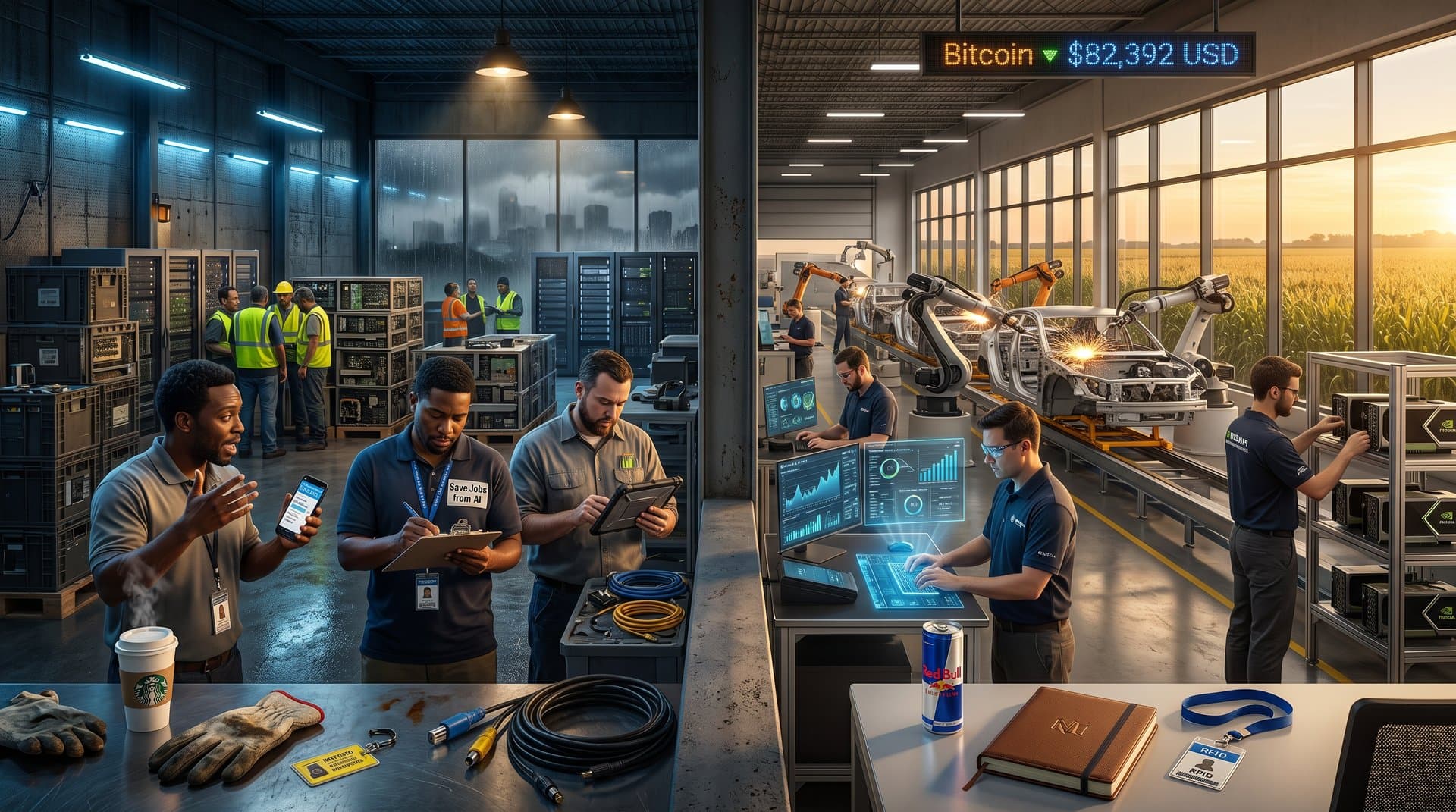 Split scene: New Jersey warehouse with AI ban protest and active Midwest AI factory in Peoria, tech policy contrast