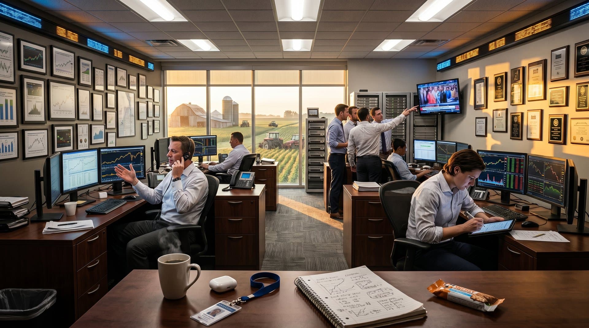 Traders at Morgan Stanley desks with Bloomberg Terminals showing crypto prices, charts, and market indices in a modern trading floor
