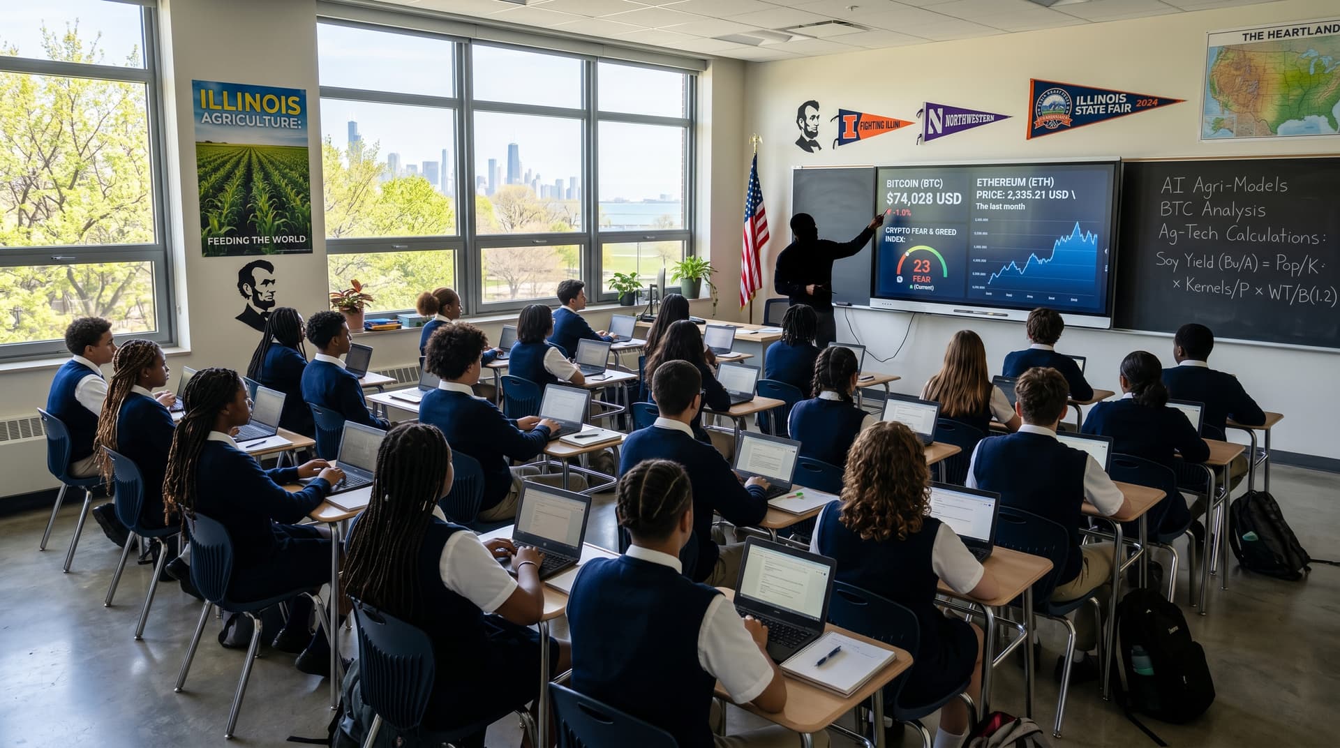 AI Chicago Classrooms Track BTC at $74,028 USD Fear Index 23