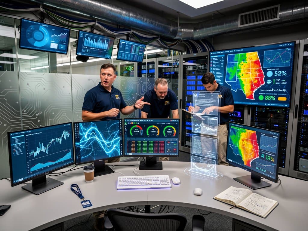 Technicians monitor AI-driven financial operations in a high-tech data center for Midwest treasuries