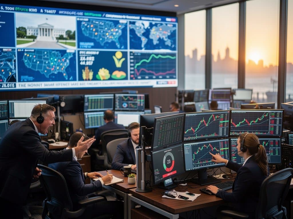 Chicago trading floor with BTC at $74,657, Fear & Greed at 23, and White House crypto bill charts amid Midwest bank focus