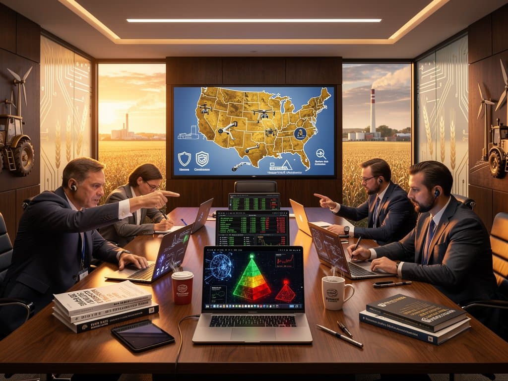 Conference room with AI charts, crypto tickers, and regulatory visuals overlooking skyline