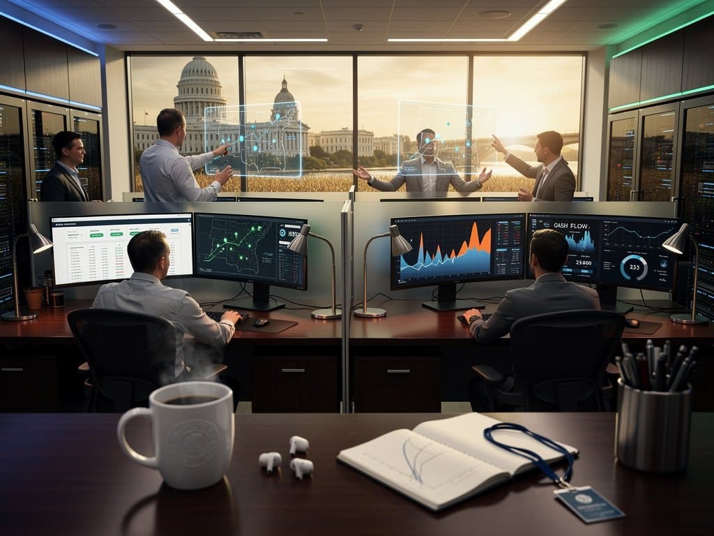 AI-driven treasury dashboards in modern Midwest operations center with financial charts and skyline view