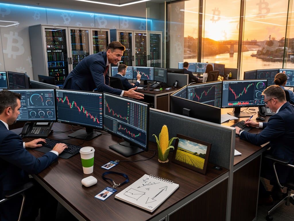 Traders at walnut desks with Bloomberg terminals showing BTC at $74K and Fear Index 23 on a modern bank trading floor with glass walls and LED lights