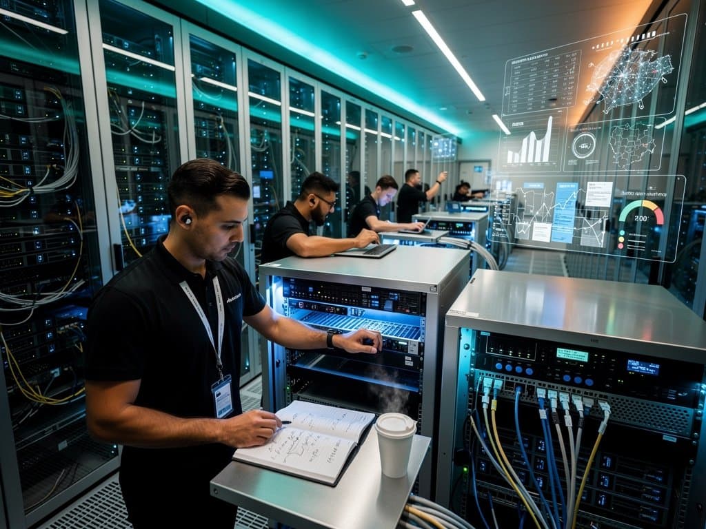 Glowing AI server racks process tax forms with crypto charts and Midwest maps in high-tech data center