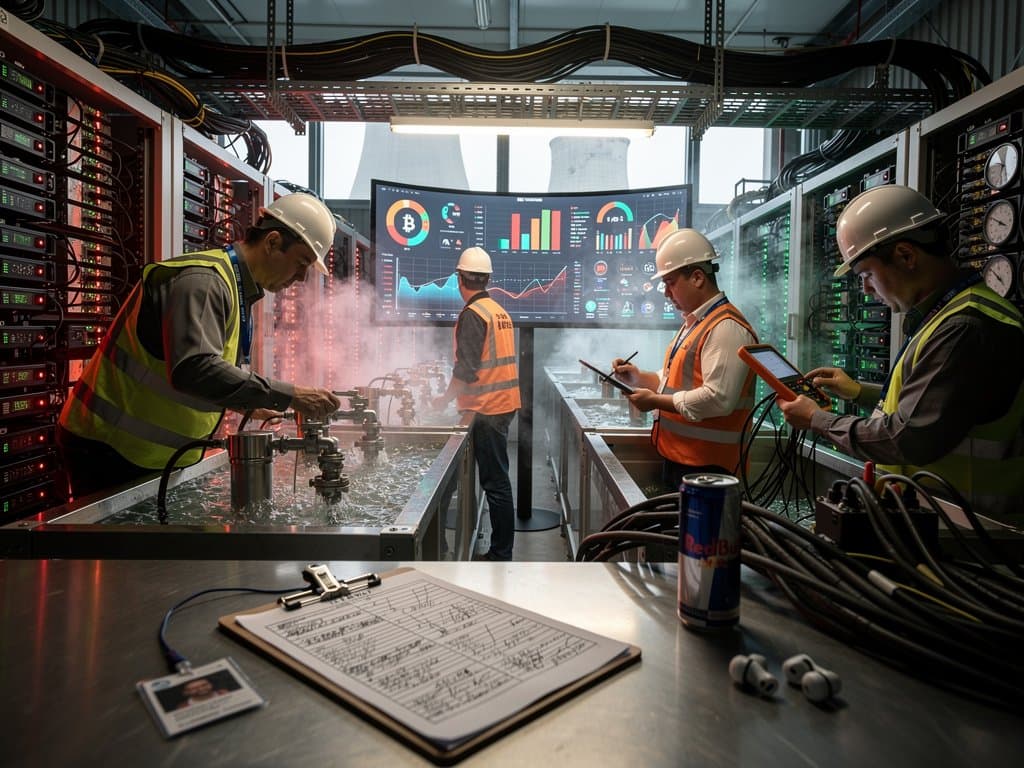 Glowing ASIC miners and BTC price monitors in Grant Town Power Plant crypto mining facility with cooling tanks and control panels