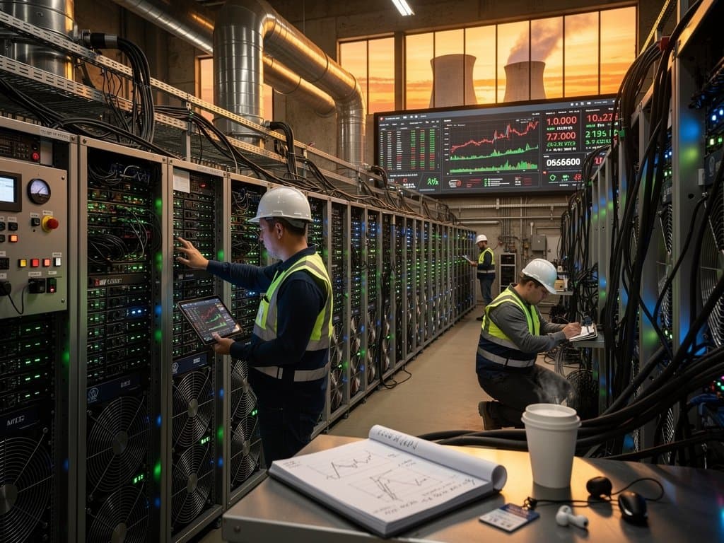 Crypto mining rigs in Grant Town Power Plant data center, screens show BTC at $74,888 amid cooling towers and control panels
