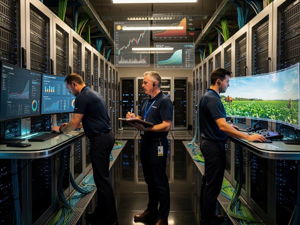 Glowing server racks and AI dashboards in a high-tech data center processing tax refunds efficiently