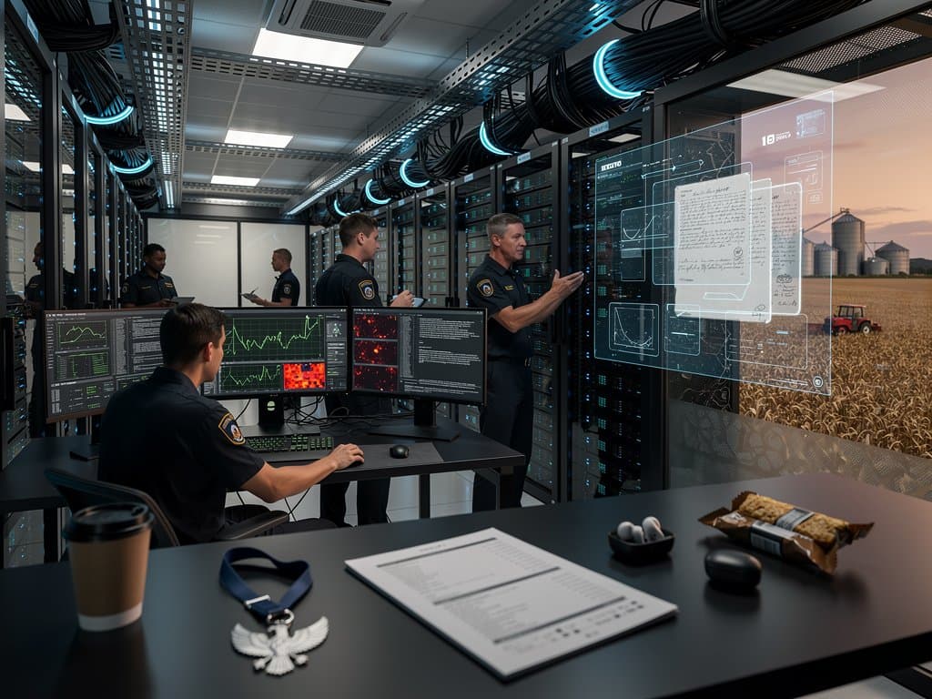 Engineers in secure data center monitor IRS AI tax processing dashboards with glowing servers and Midwest tax data visualizations