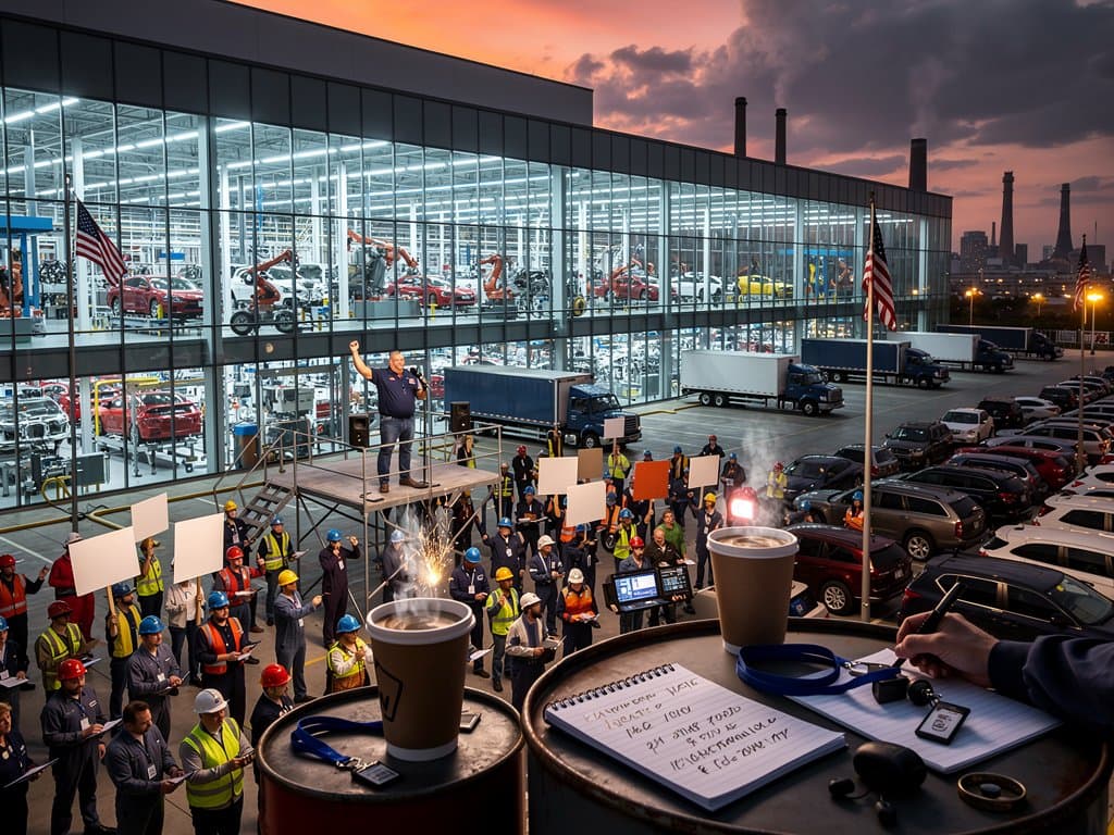 Midwest factory robotic arms assemble cars as union workers protest AI job risks outside Detroit plant