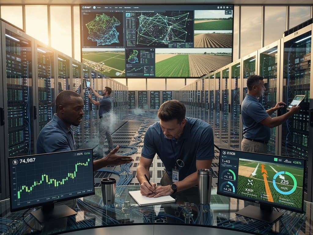 Engineer in data center monitors IRS AI tax processing dashboards with BTC prices, refund graphs, and Midwest maps amid server racks and LEDs