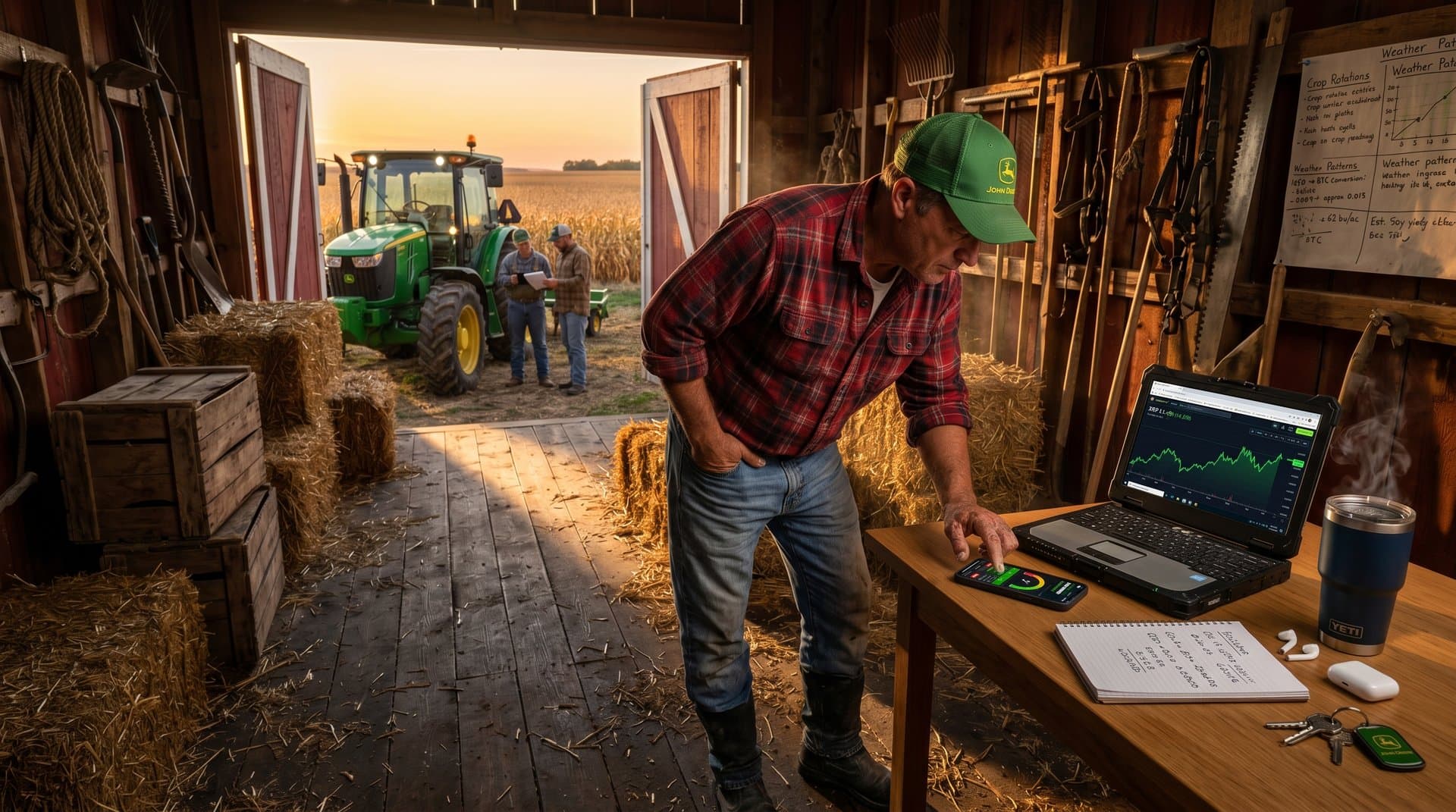 Midwest farmer checks BTC at $74,997, Iran sanctions news, Fear Index on phone in barn amid cornfields