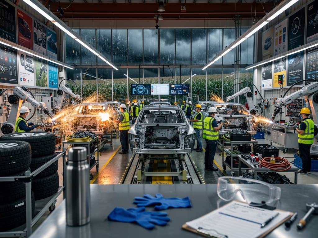 Robotic arms on idle assembly line in Midwest factory with UAW posters and rainy windows