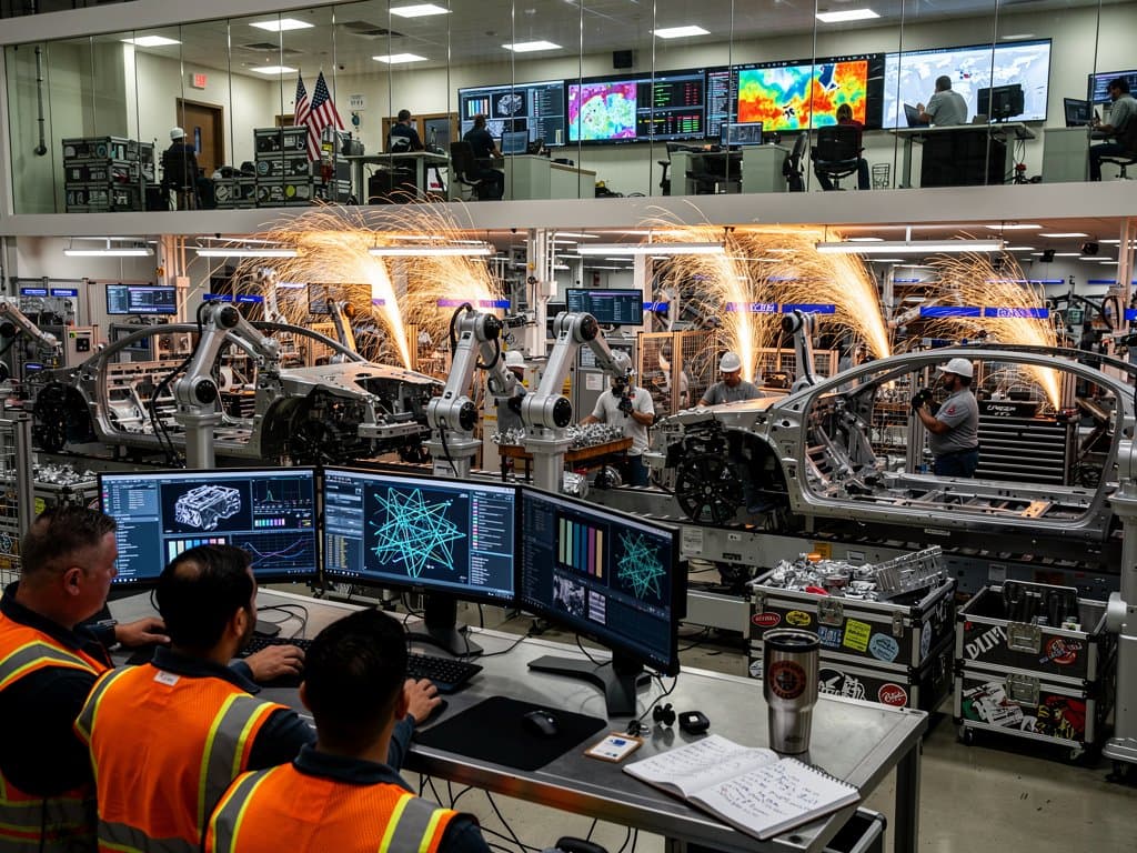 Midwest factory with AI robots welding amid Fear & Greed Index charts and 600K job risk data on screens