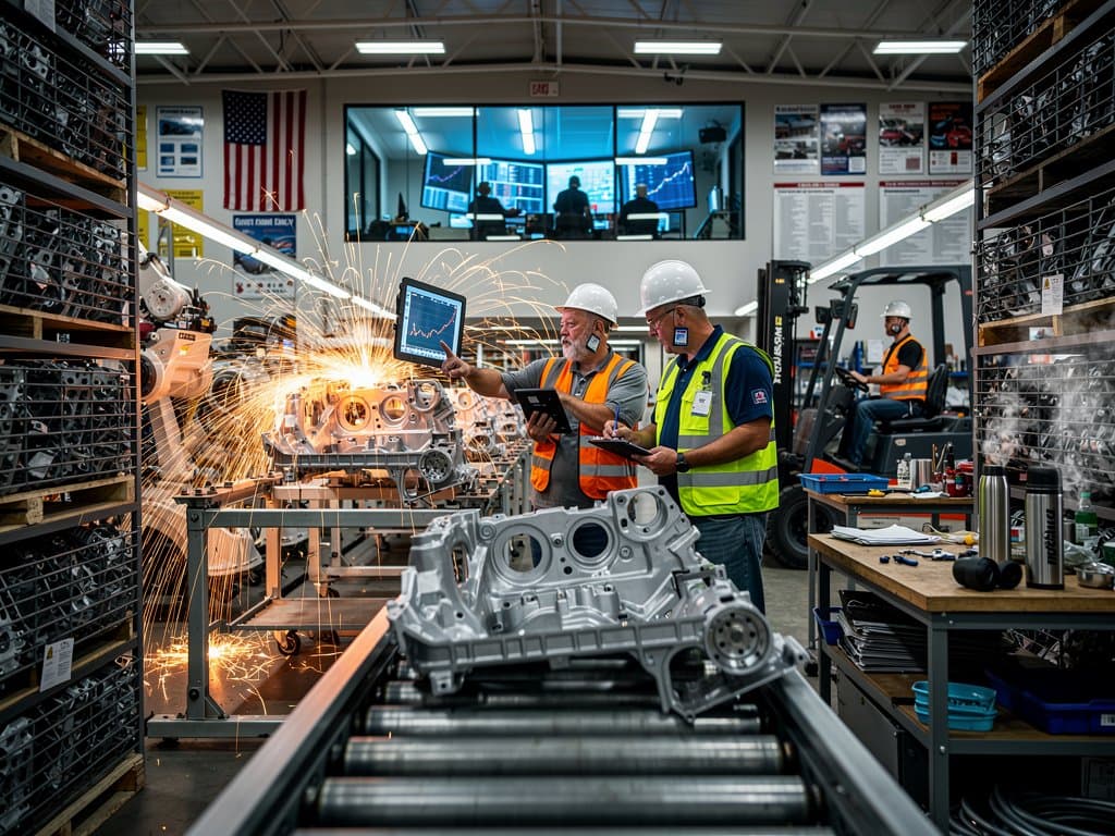 Illinois factory robots welding amid screens showing crypto Fear Index at 21 and AI policy alerts, industrial tension