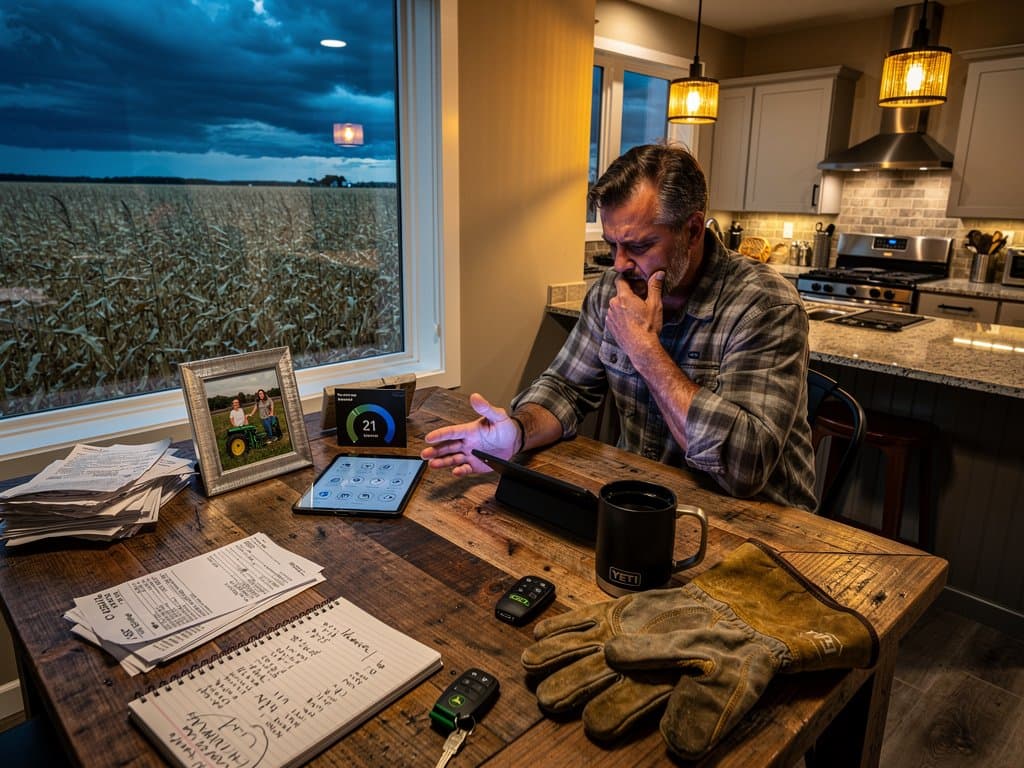 Rural Illinois farmhouse kitchen with farmer using AI mental health app amid regulatory storm clouds