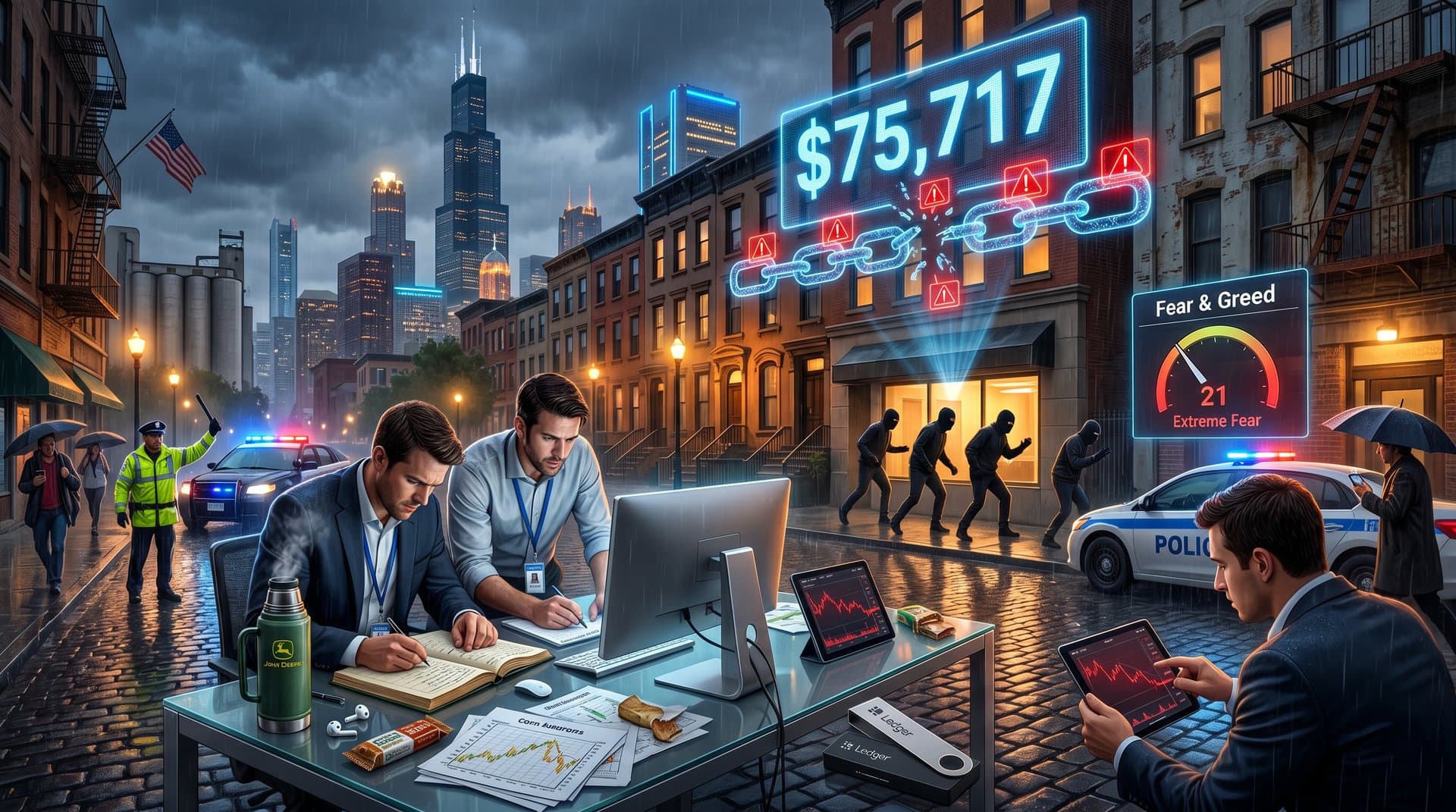 Chicago skyline with Lincoln Park homes, blockchain alerts, Bitcoin price display, and security threats in cyberpunk style