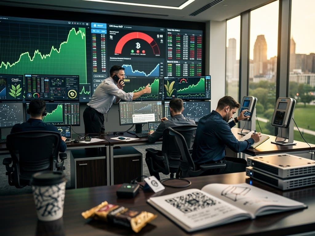 Chicago trading floor with crypto price charts on monitors, hardware wallets on desks, and skyline view amid security-focused setups