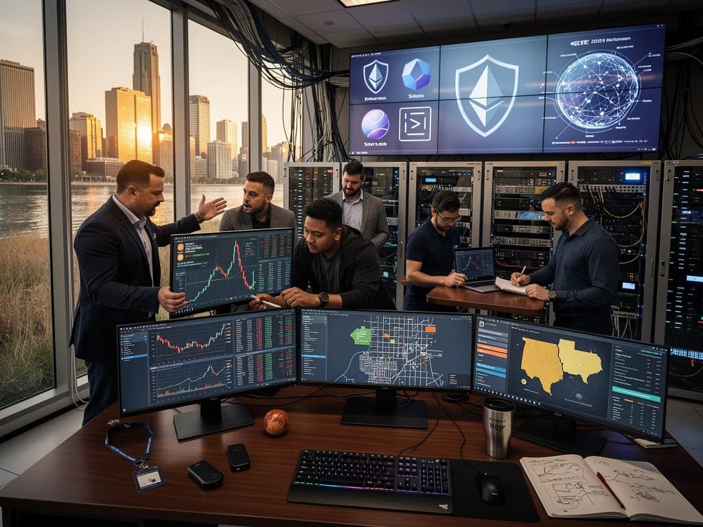 Chicago cybersecurity center monitors Midwest crypto crime threats with blockchain charts and skyline
