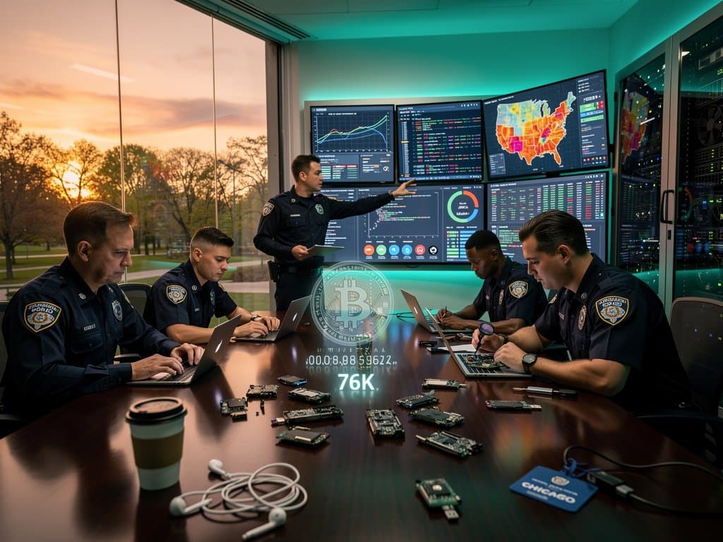 Cyber forensics team analyzes blockchain data in Chicago tech lab with monitors, wallets, and servers
