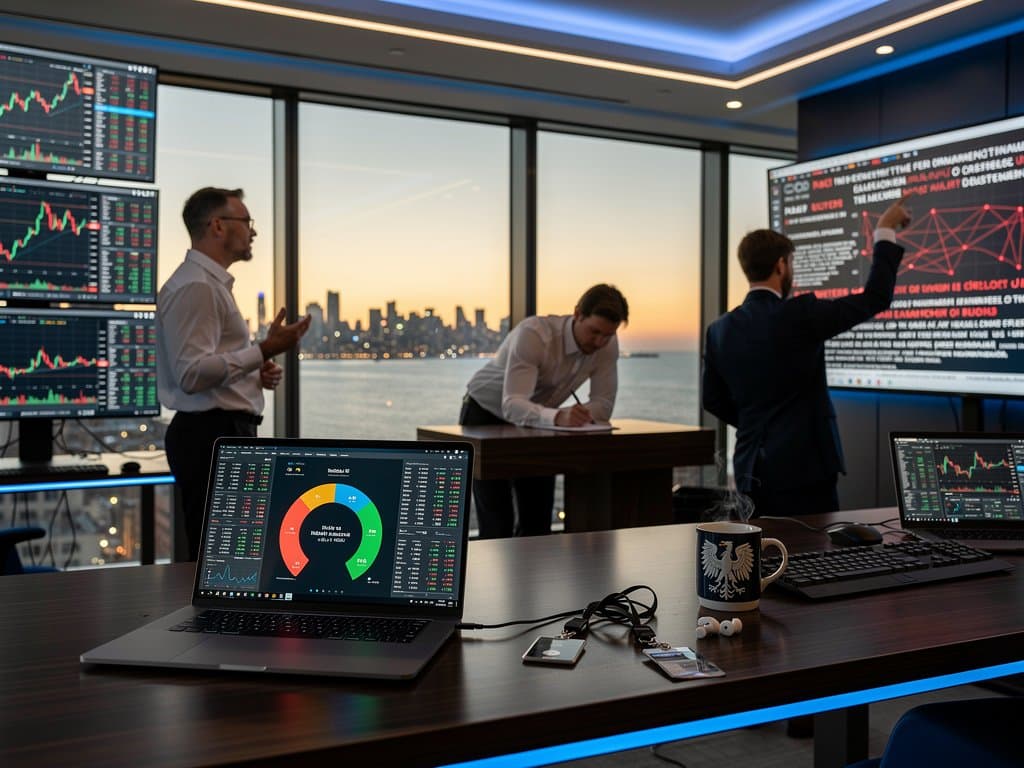 Chicago trading desk monitors show BTC prices, Polish election news, AI blockchain analytics on Russian crypto flows with skyline view