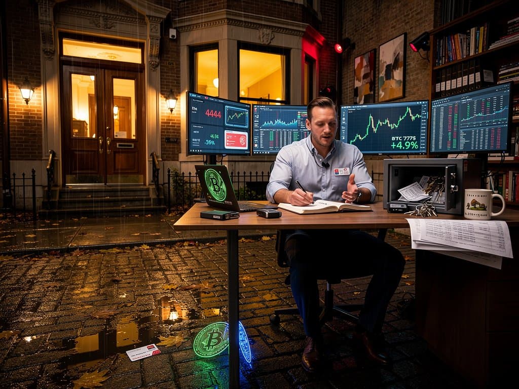 Lincoln Park home at night with Bitcoin charts on screens and police lights, symbolizing crypto kidnapping risks