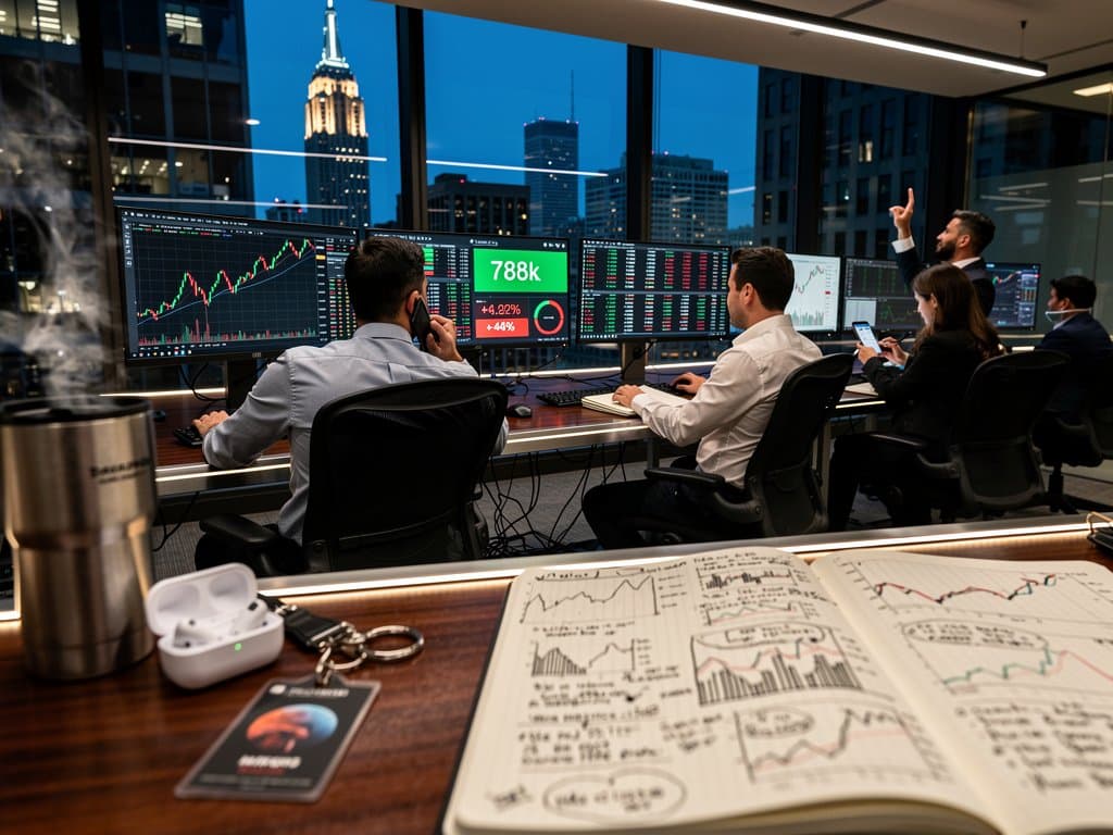 Chicago trading floor monitors display BTC at $78,012 surge and Fear & Greed Index at 21 with skyline view