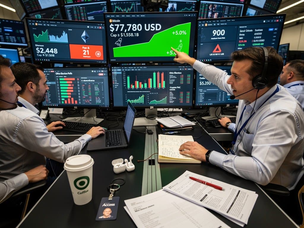 Trading screens show Bitcoin at $77k, Ohio election polls, and crypto spending data amid market charts