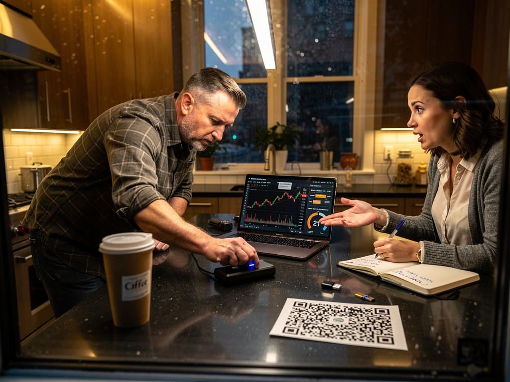 Secure Lincoln Park home at dusk with crypto wallet on kitchen table and police lights outside, symbolizing Midwest crypto crimes.