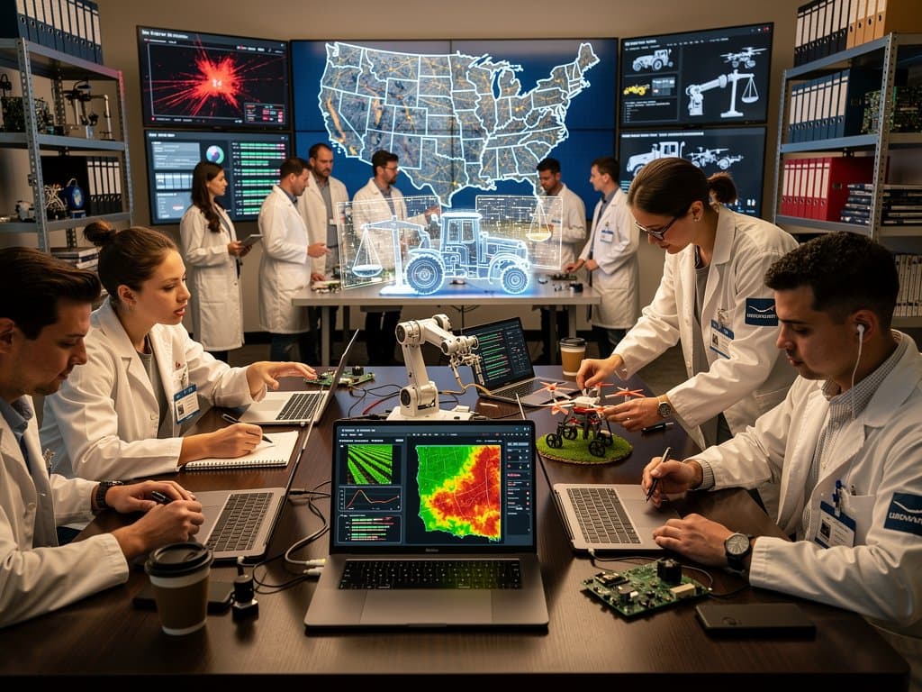 Ethical AI lab interior with screens showing Illinois farm yield maps, manufacturing models, Bitcoin charts, Midwest maps, and ethical guidelines on desks