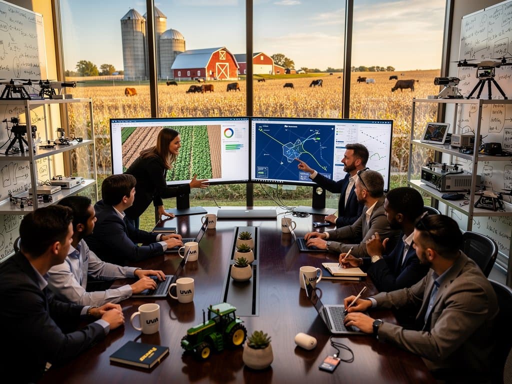 University AI lab with ethics charts, farm tech screens, and Midwest landscape view under natural light