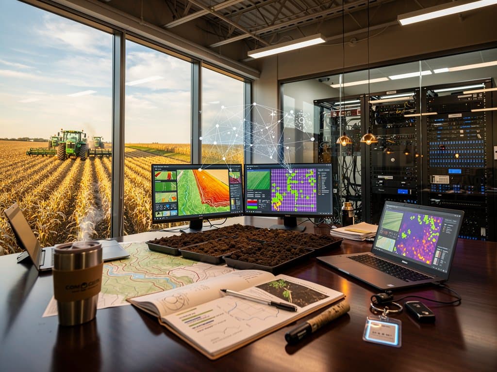 Agritech AI office with crop yield maps, drone views of cornfields, server racks, Midwest innovation scene