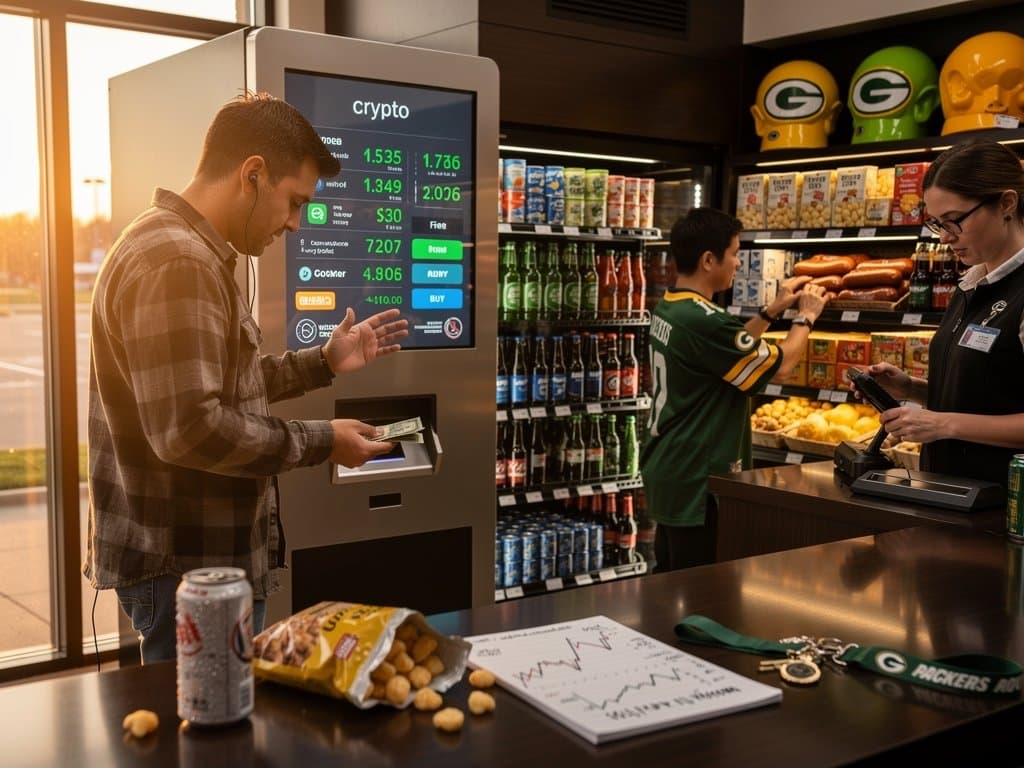 Crypto kiosk in Wisconsin convenience store showing BTC at $77,293 under new regulations, Midwest rural scene outside
