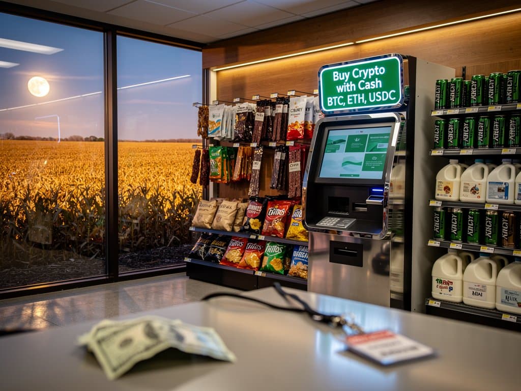 Bitcoin ATM kiosk in Midwest convenience store amid regulatory debate