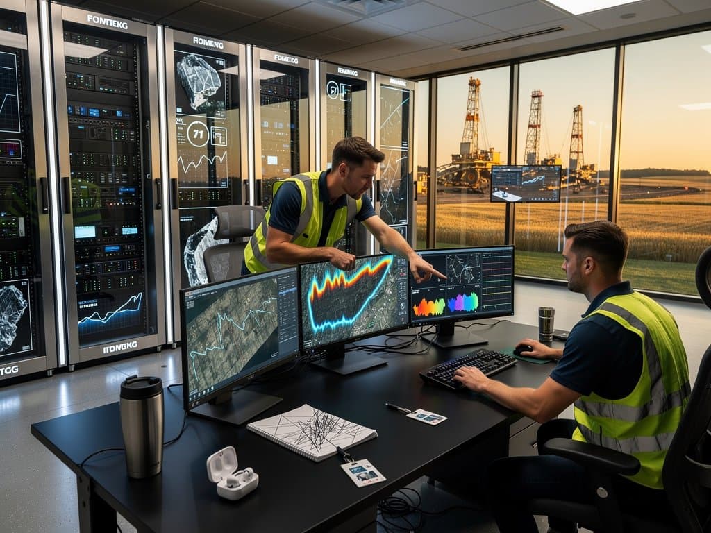 AI screens in Midwest mining control room show mineral deposit heatmaps amid server racks and farmland views