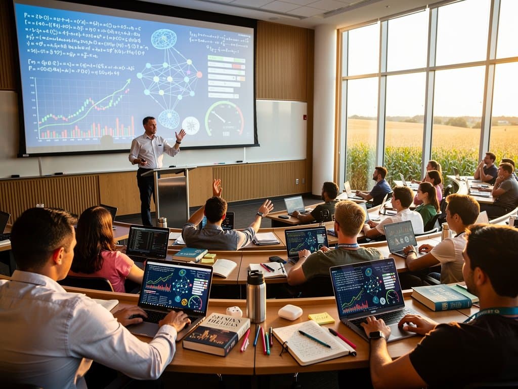 University lecture hall with AI and crypto charts on screens, overlooking Midwest fields