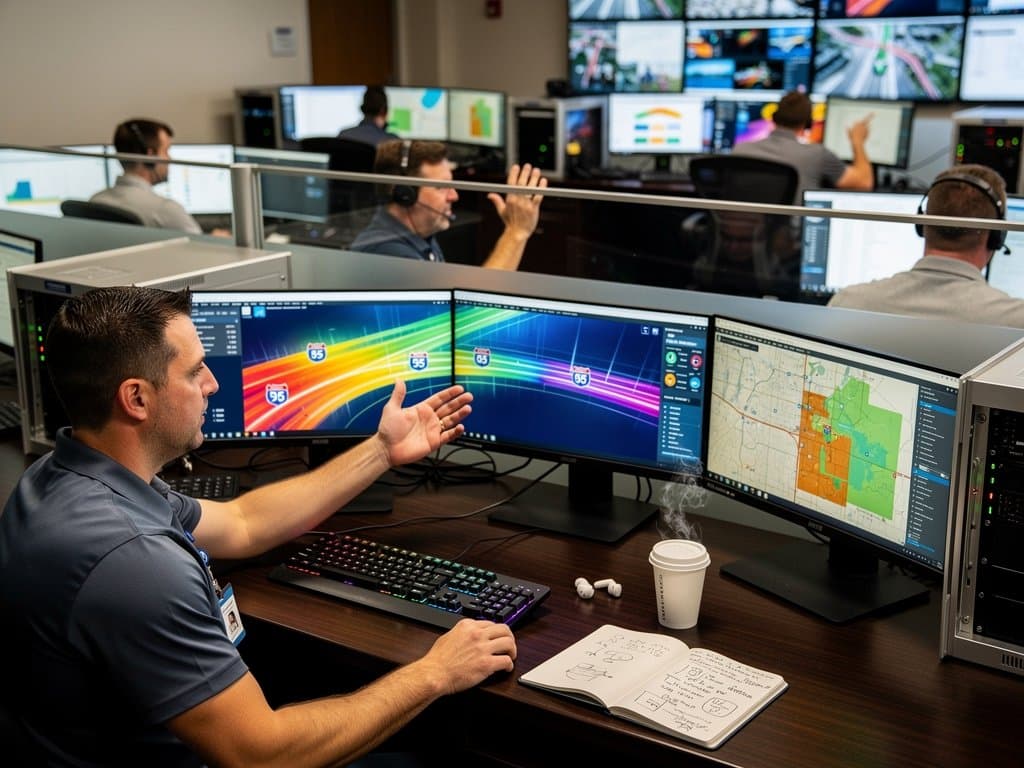 AI traffic heatmaps on monitors and video wall in modern state DOT operations center